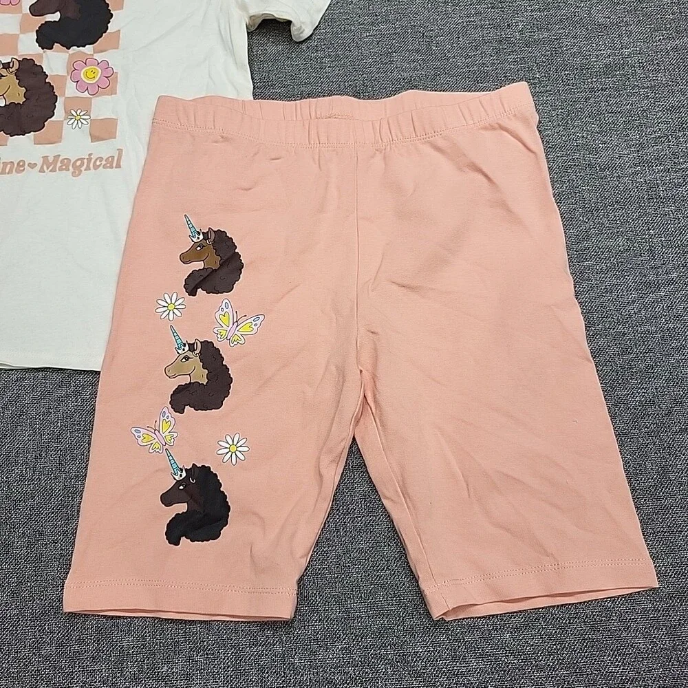 Girls' Afro Unicorn Short Sleeve 2pc Top and Bike Shorts Set - Orange L
